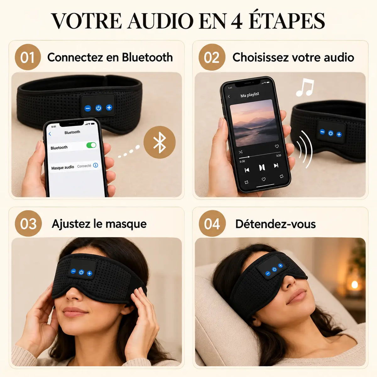 Les 4 étapes d'utilisation du masque Bluetooth Noleva : connecter, choisir l'audio, ajuster le masque, se détendre