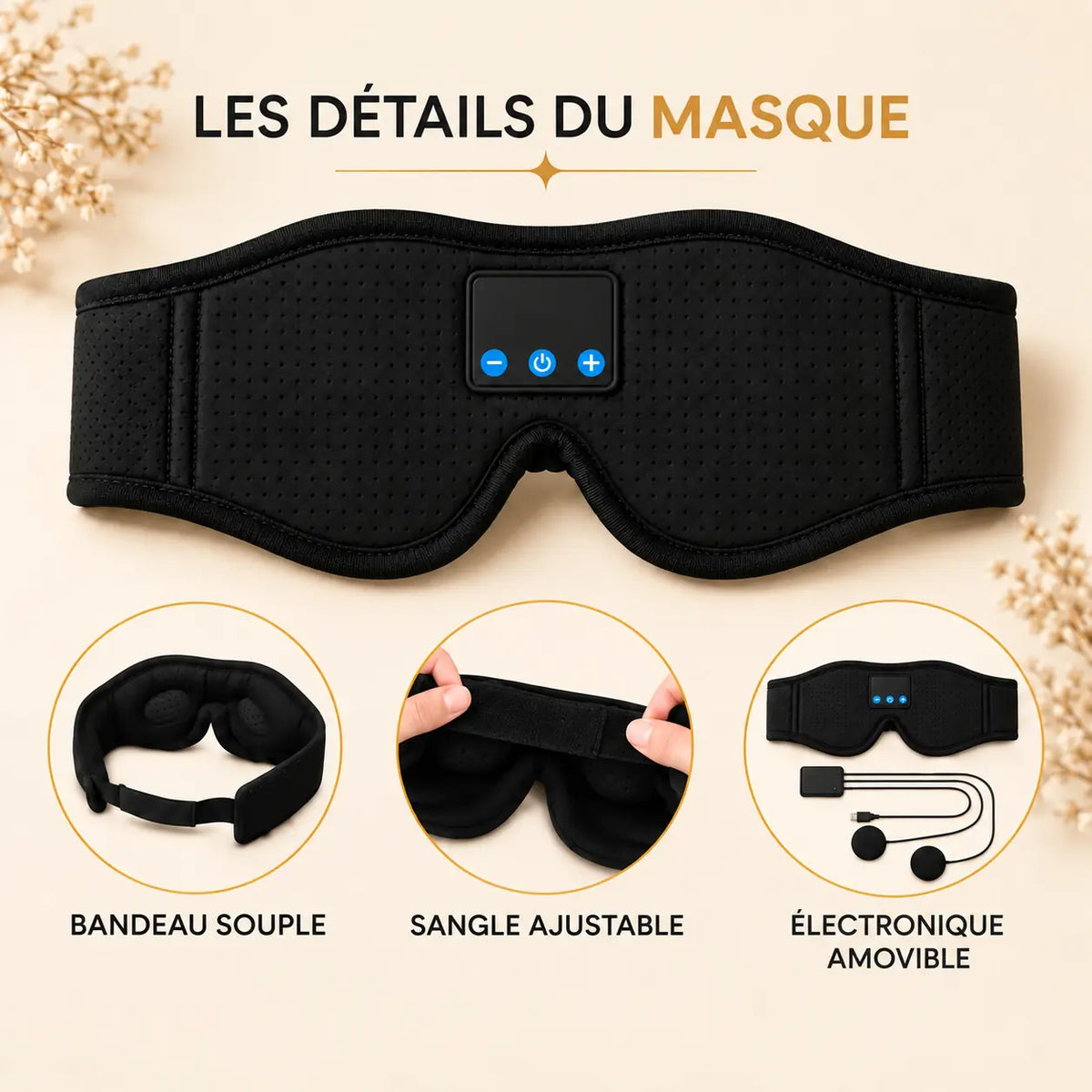 Masque de sommeil 3D Noleva noir à plat — élasticité optimale, velcro ajustable, lavable et hygiénique, Bluetooth 5.3