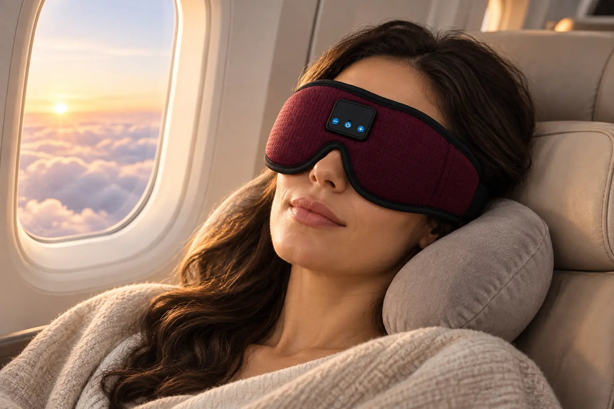 Masque de sommeil Bluetooth Noleva utilisé en voyage